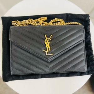 Saint Laurent Black Large Monogramme Quilted Leather Wallet on Chain w Receipt